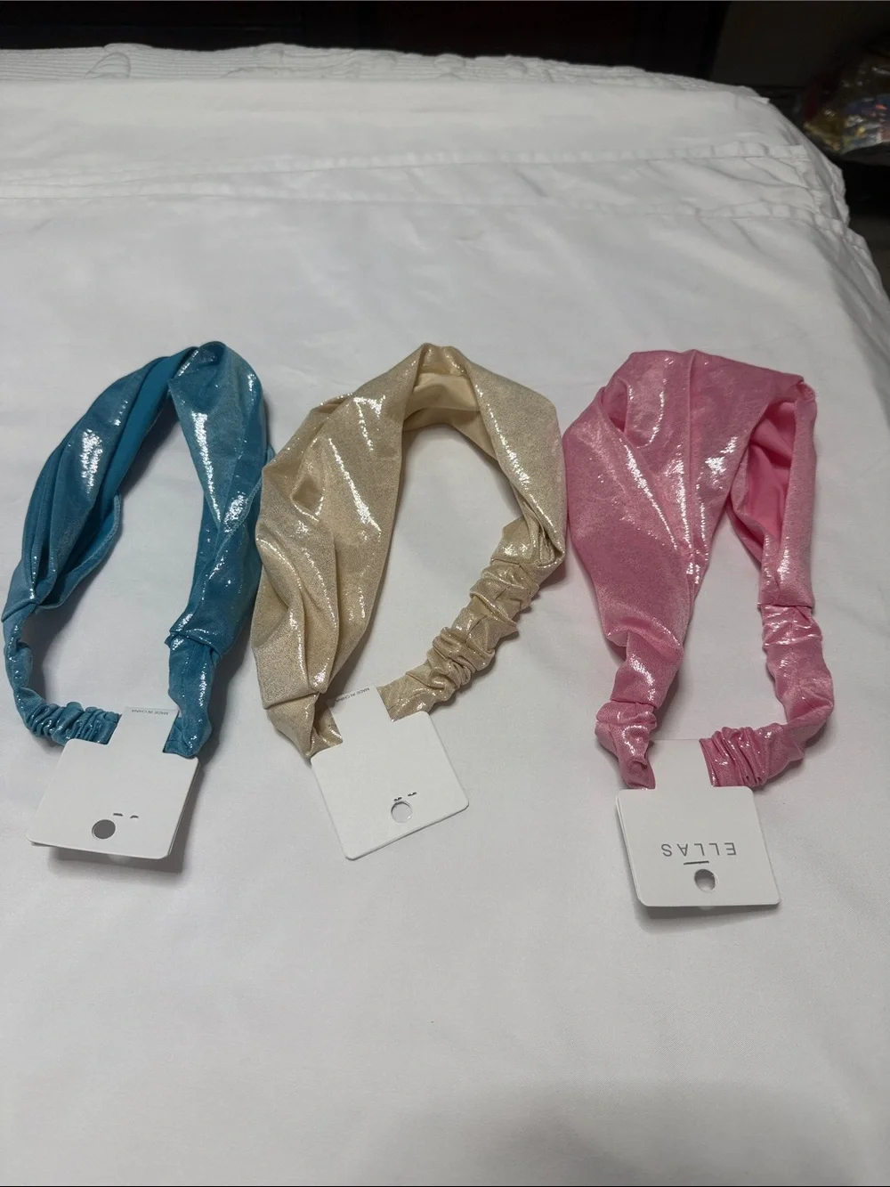 Set of 3 Shimmery Twist Headbands in Blue, Gold & Pink